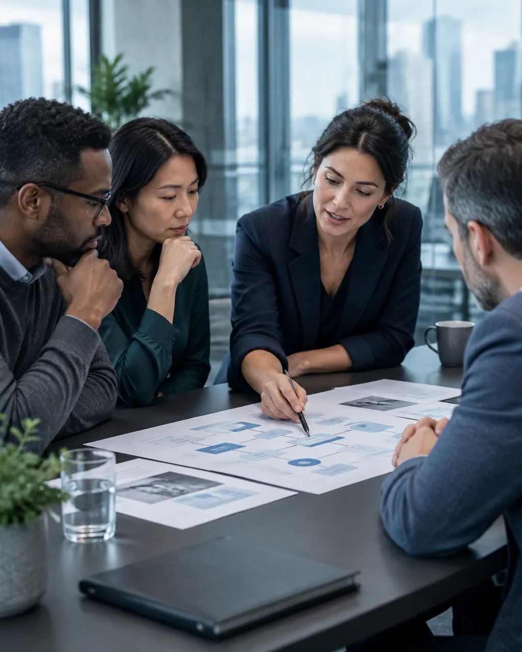 Consultants reviewing a workflow together in a bright modern office