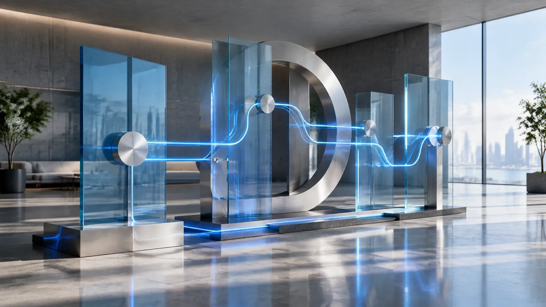 Sculptural glass installation with luminous blue lines suggesting connected workflows